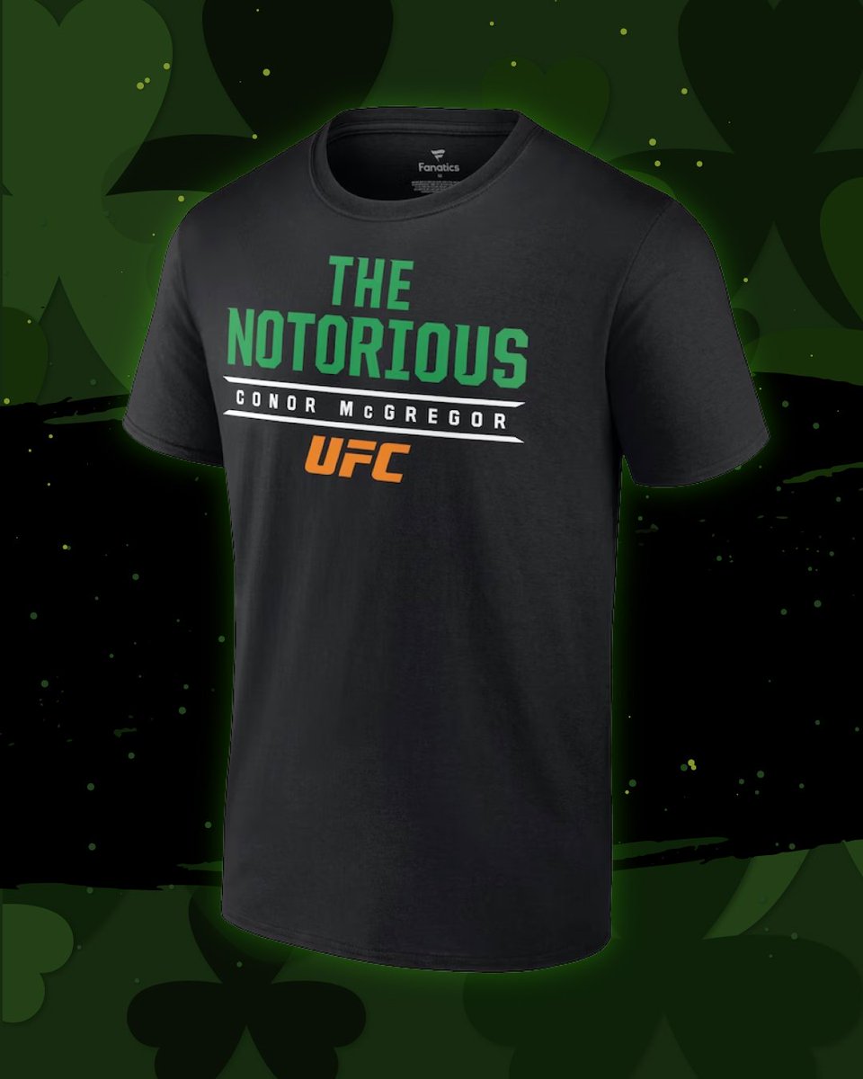 Celebrating St. Patrick's Day by honoring one of the greats, @TheNotoriousMMA 🍀 🔗 Featured Product: Men's Fanatics Branded Black Conor McGregor The Notorious T-Shirt ufcstore.com/en/mens-fanati… #UFC #UFCstore