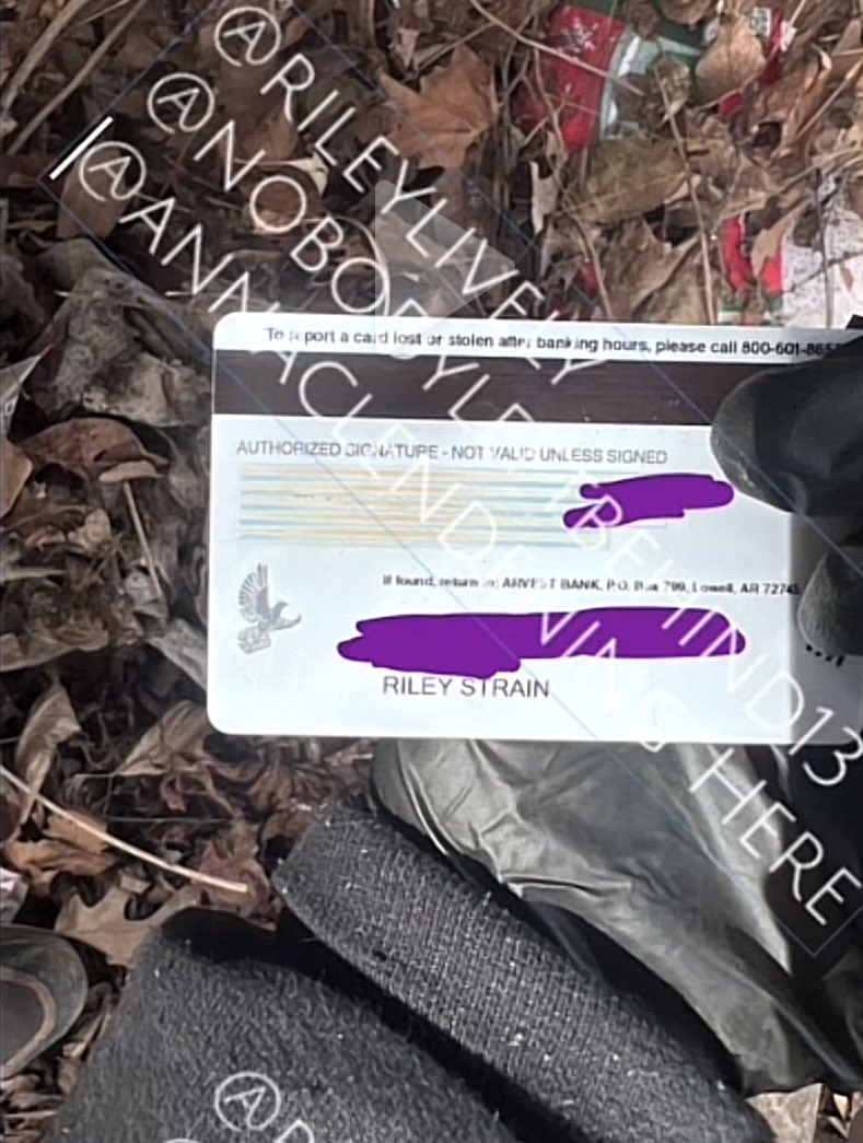 BREAKING: Riley Strain’s credit card found in woods near water where his phone last pinged #RileyStrain
