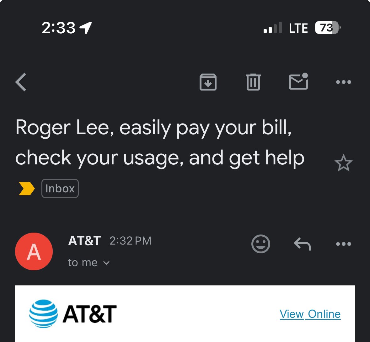 cph79's tweet photo. @ATT Why do you keep calling me Roger Lee in emails? That’s not my name. https://t.co/5SCsszZ1iV