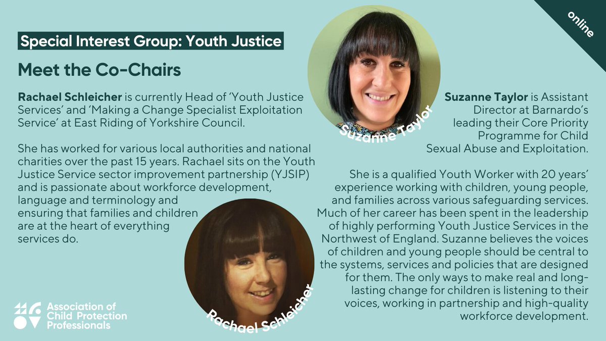 We’re excited to be launching our Youth Justice Special Interest Group this morning, chaired by two remarkable leaders in the field - Rachael Schleicher & Suzanne Taylor. For more information about this SIG and the rest of our work, visit: childprotectionprofessionals.org.uk #YouthJustice