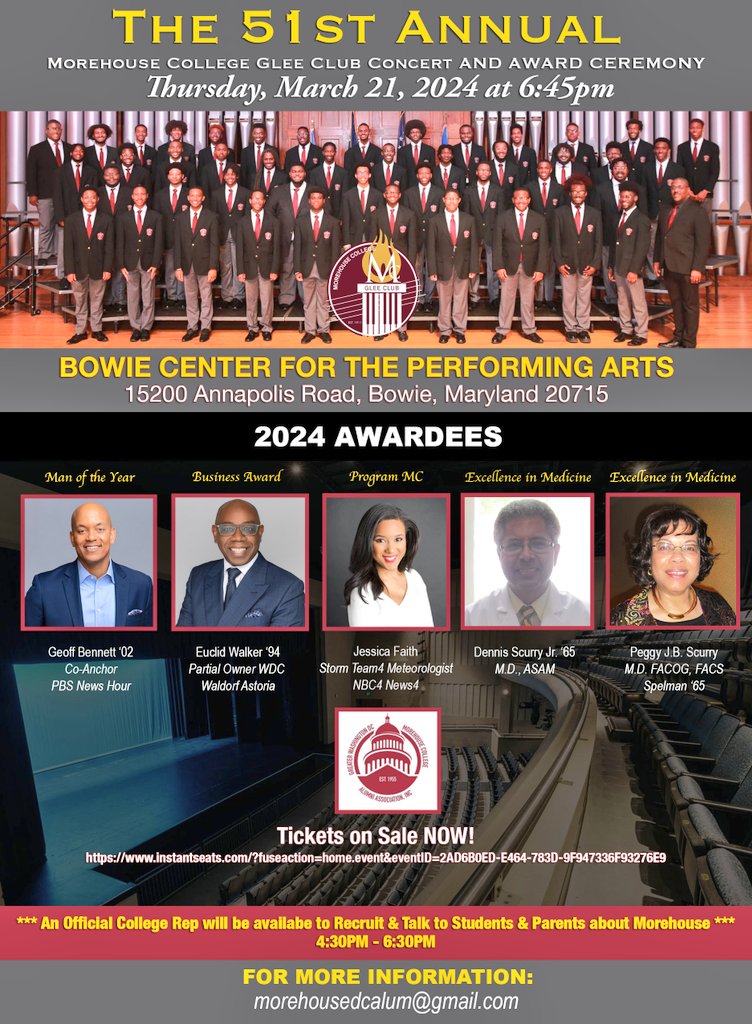 @pgcps @curtiseveryday @RealMenTeach2 @BowieCenter @allenorresq @asbthelaw @AyizeS @CEXAlsobrooks @GeoffRBennett @HBCUBuzz @HBCUSiriusXM142 @jacalhoun @joleneivey @bcscomm @Morehouse rep will be on site to talk to students & @MCPAMW Parents rep will be in site to talk at @BowieCenter from 4:30 PM TO 6:30 PM instantseats.com/?fuseaction=ho… @Morehouse @MorehousePrez @GeoffRBennett @allenorresq @AyizeS @mcparegion1