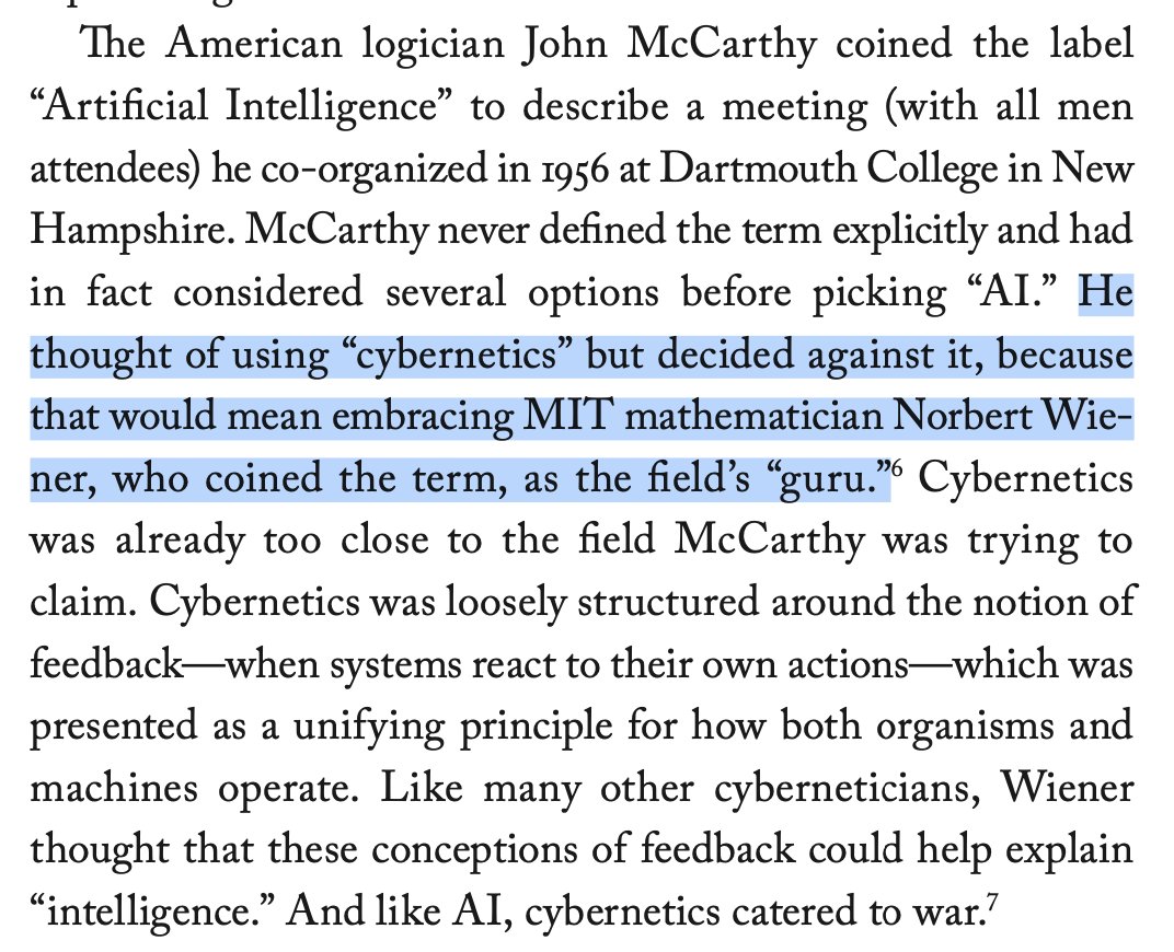 Imagine that McCarthy had gone with "cybernetics" rather than "AI," and imagine that we chose to describe current LLMs as "immitative" rather than "generative." In an alternative timeline everyone would thus be talking about "immitative cybernetics" rather than "generative AI."🫣