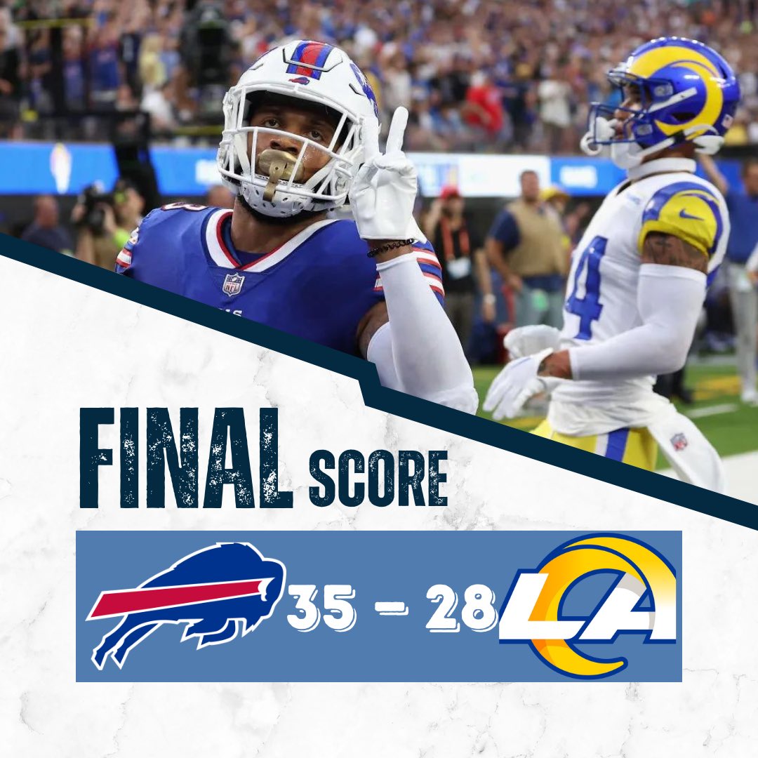 RZ_Bleacher's tweet photo. Buffalo storms back after trailing 21-0 to defeat the Los Angeles Rams in Week 1.

The Bills benched rookie quarterback Bret Brooks in favor of Christopher Mouton who lead the comeback. 

Superstar wideout DeAngelo Harvin had 124 yards and 3 TDs on just 4 catches. https://t.co/iu0LCAEIr4
