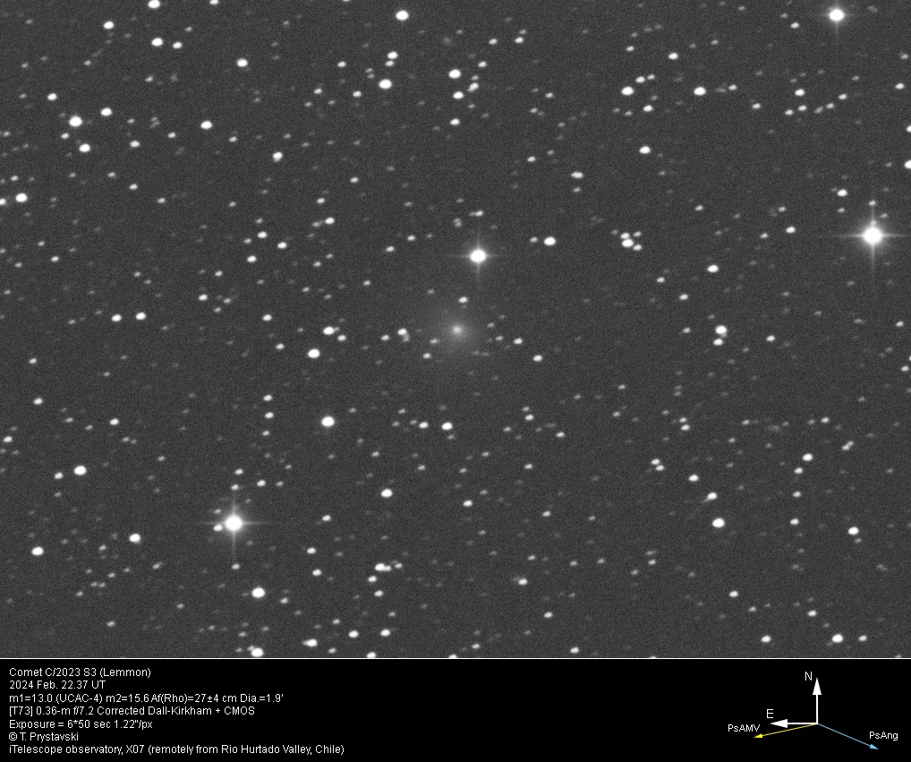 Comet C/2023 S3 (Lemmon) 2024 Feb. 22.37 UT m1=13.0 (m2=15.6) Dia.=1.9'... [T73] 0.36-m f/7.2 Corrected Dall-Kirkham + CMOS... T. Prystavski... (iTelescope observatory, X07 (remotely from Rio Hurtado Valley, Chile))
