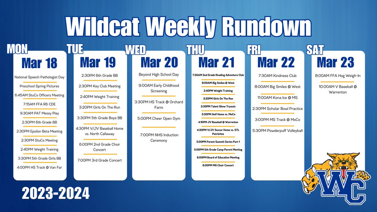 Happy Sunday, All!🍀 ☀️We have a jammed pack week as we head into Spring Break!☀️ Join us for some choir concerts, spring sports, and the first night of our Parent Summit Series : New WCHS 101! #wildcatstrong