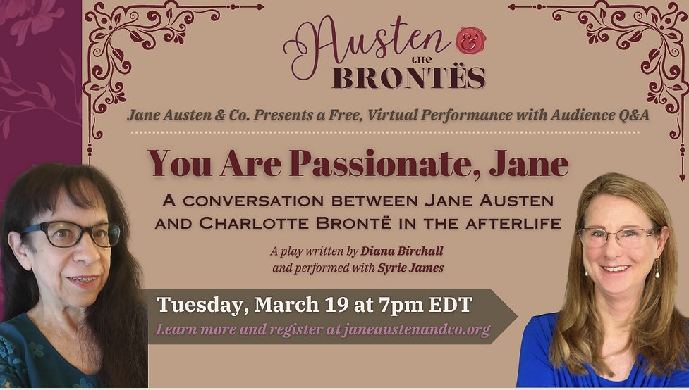 SyrieJames's tweet photo. Jane Austen &amp; Charlotte Brontë duke it out in a virtual battle of wits Tues March 19 @ 7 PM EDT in Diana Birchall's play "You Are Passionate, Jane." I play Jane Austen, Heaven's literary gatekeeper. #Free Register at https://t.co/Aok5Bx5GRX
#janeausten #charlottebronte https://t.co/E1QUDRvPZi