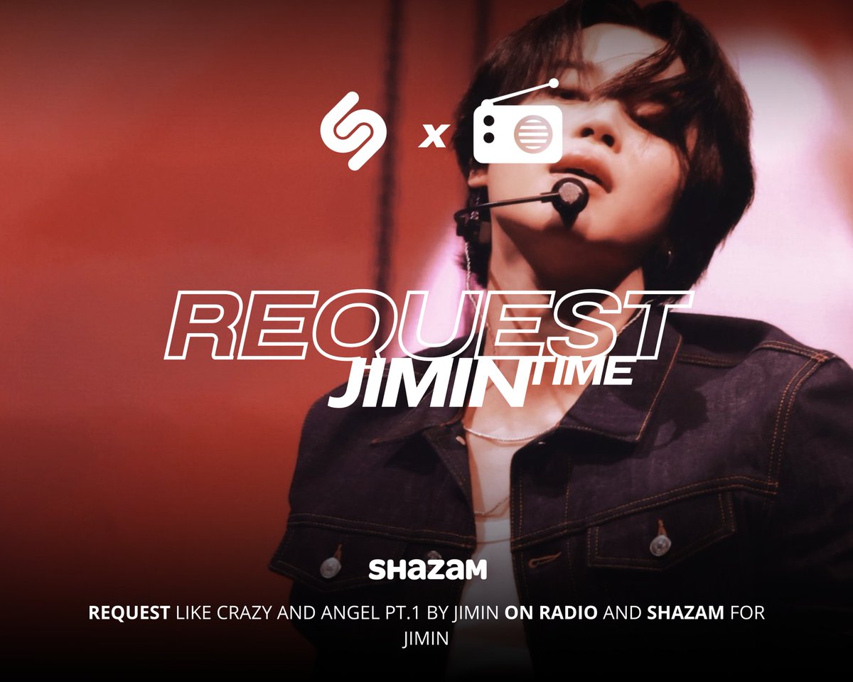 Today is a great day for request #LikeCrazy and #AngelPt1 on radio!📻

—Song alerts 
—Search “Like Crazy” or “Angel pt.1” by Jimin  
—Tap on request

Let's keep shazaming and requesting for #JIMIN!