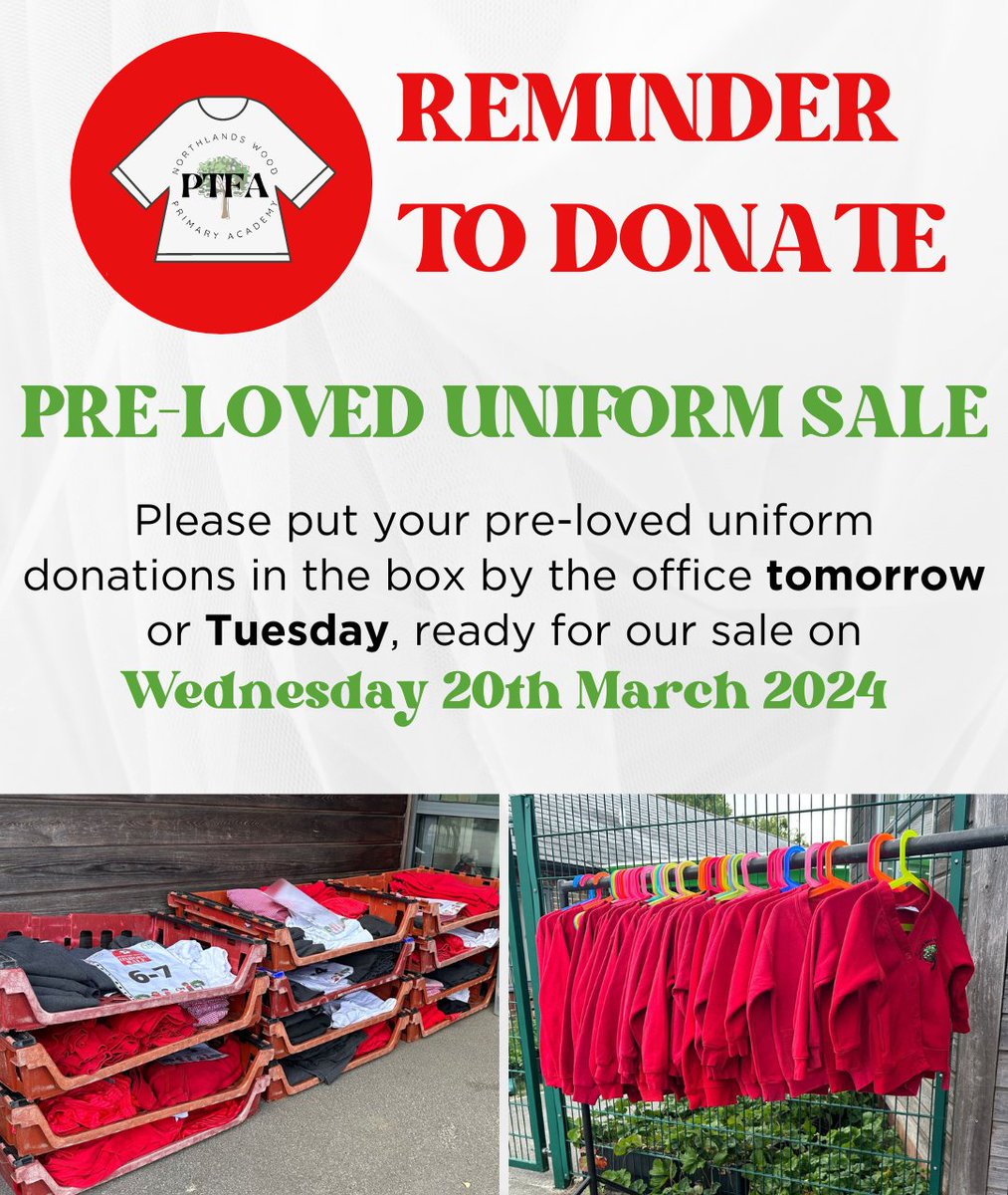 Our next pre-loved uniform sale will be on Wednesday 20th March - clear out your child's outgrown uniform and stock up ready for the Summer term! Donations can be left in the box outside of the office on Monday 18th/Tuesday 19th. Thank you! @Northlandstweet
