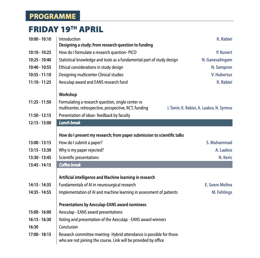 EANS_ResearchCo's tweet photo. One day - One course - All that is research in neurosurgery! 💥

Hamburg, April 19th: here we come! 🚀

👀 Check out the incredible programme this year. Interested ? 🔗 link on bio. 
@eansonline @drkatrinrabie #Neurosurgery https://t.co/MceQNyWabE