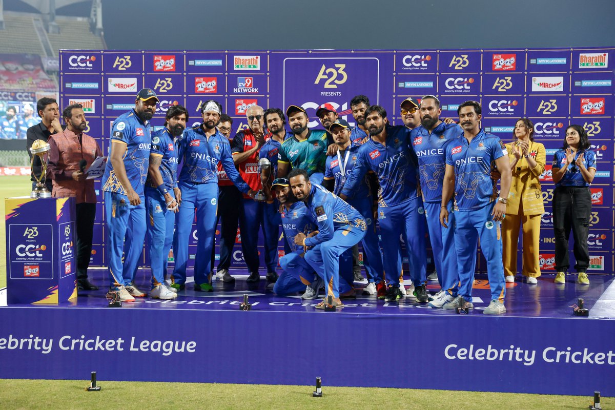 @kabulldozers, putting up a fierce fight, receive their well-deserved runner-up trophy from @BoneyKapoor at the CCL 2024 finale! Just 12 runs short of victory, but your bulldozing spirit won hearts on the field! #CCL2024 from February 23rd - March 25th and will be Live on