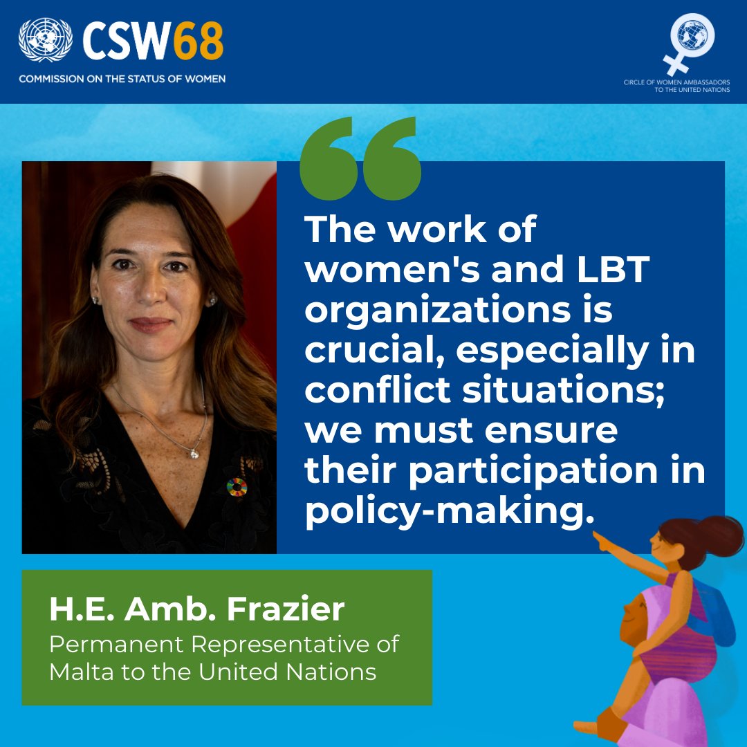 The Circle of Women Ambassadors to the @UN are committed to achieving #GenderEquality and the empowerment of all women and girls and working towards ending women’s poverty. This is the message of H.E. Frazier of Malta. #CSW68 #InvestInWomen