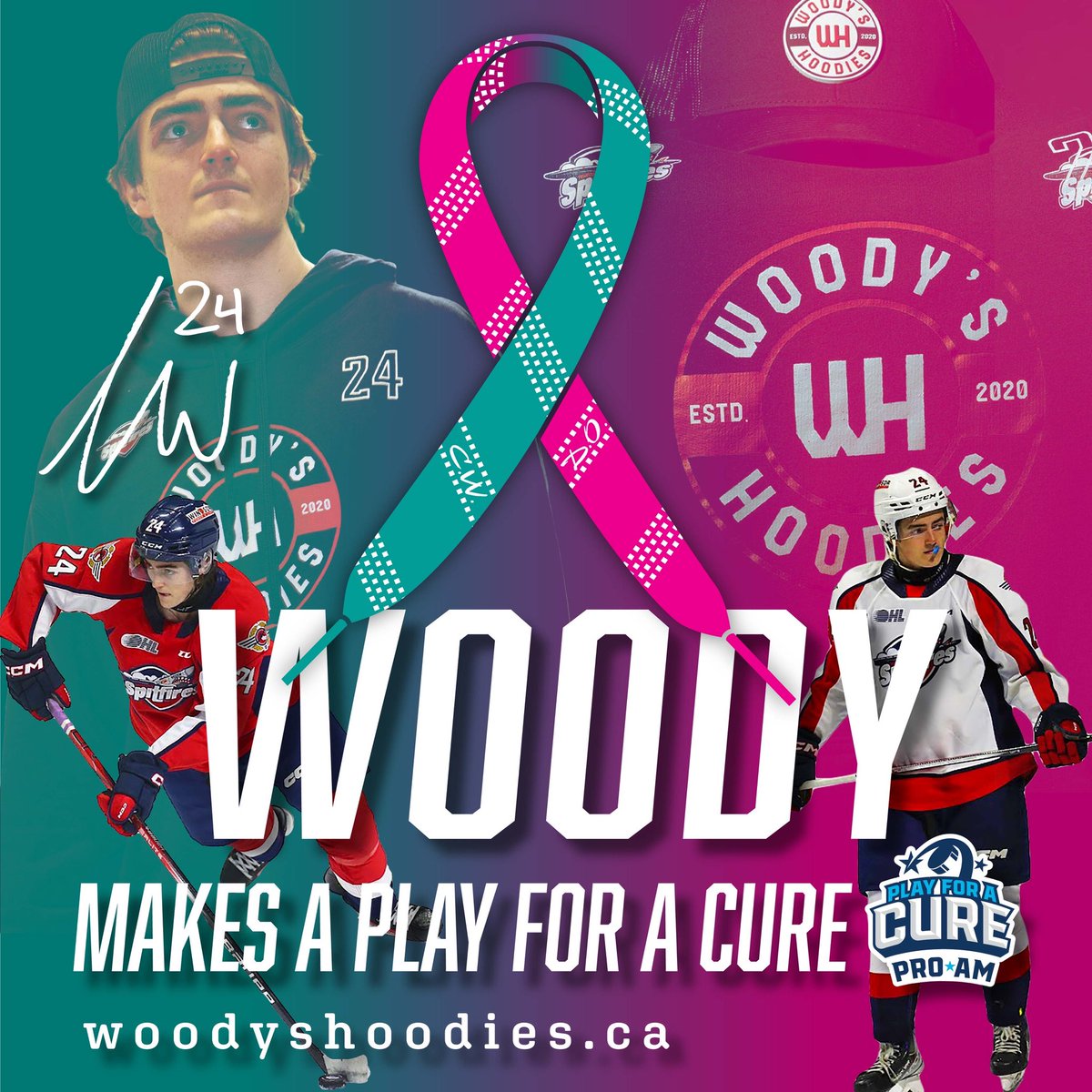 🎗️ I am Carson Woodall, #24 for the Windsor Spitfires and the creator of Woody’s Hoodies. 

Join me in honoring the legacies of my Nana O'Brien and Nana Woodall with Woody's Hoodies! Every hoodie you purchase supports local cancer research, with 24% of all sales going towards