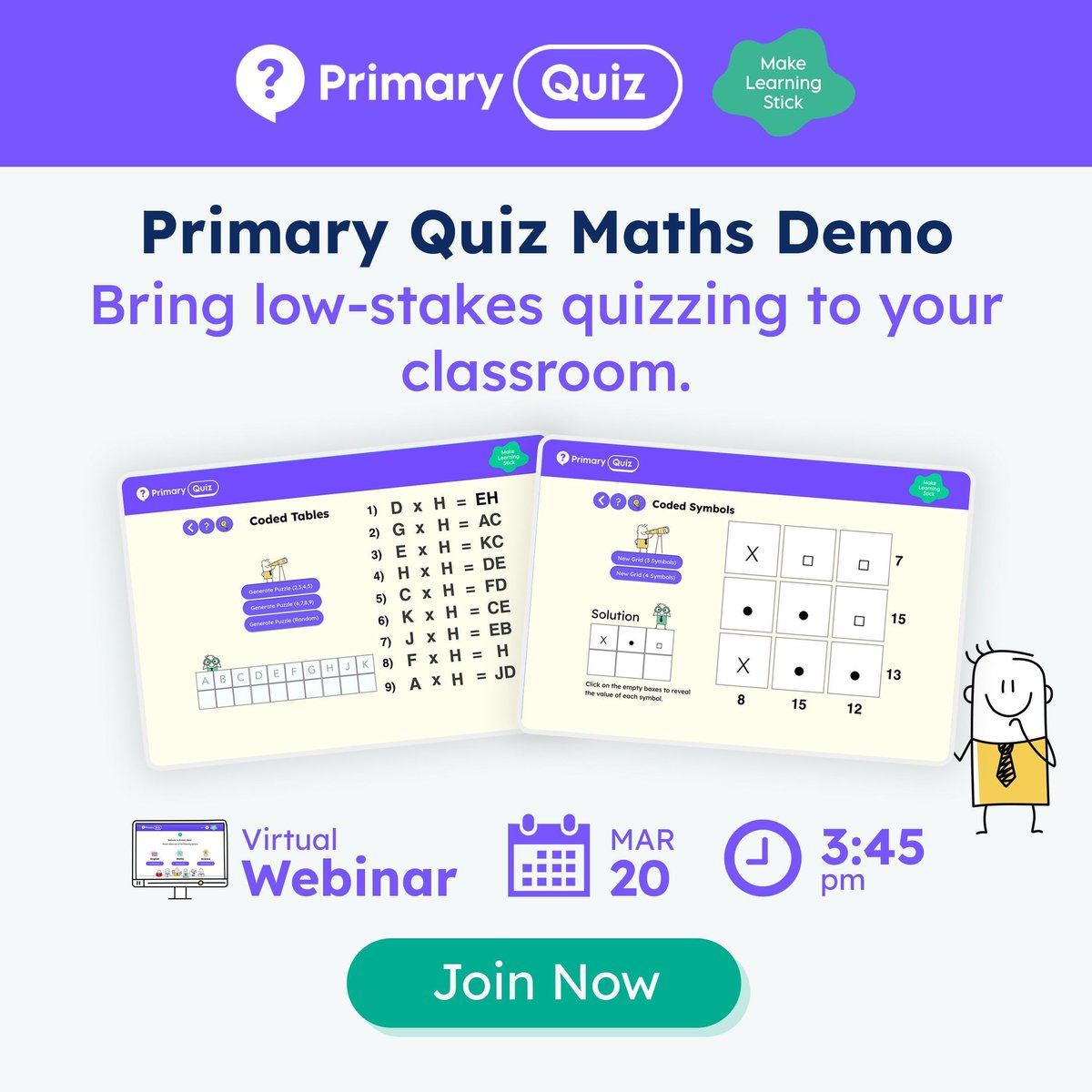 Primary Quiz (@primaryquiz) on Twitter photo Join our discussion on bringing low-stakes quizzing to your classroom with a free demo of our #PrimaryQuiz Maths activities. 📣
Book your spot now! 👉 buff.ly/3PmB7OH
<a href="/TeacherToolkit/">🇬🇧 TeacherToolkit.co.uk</a> #Mathematics #Teaching #Teachers #Education #Edech #MathsEd Join our discussion on bringing low-stakes quizzing to your classroom with a free demo of our #PrimaryQuiz Maths activities. 📣
Book your spot now! 👉 buff.ly/3PmB7OH
<a href="/TeacherToolkit/">🇬🇧 TeacherToolkit.co.uk</a> #Mathematics #Teaching #Teachers #Education #Edech #MathsEd
