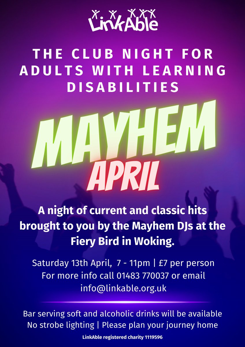 Does anyone here like a night out? 🥳 Mayhem is back on Saturday, April 13th @FieryBirdVenue. We can't wait to see you there! 👉Get your tickets here: ow.ly/SIVK50QRunZ #Woking #Surrey #LearningDisabilities #Autism
