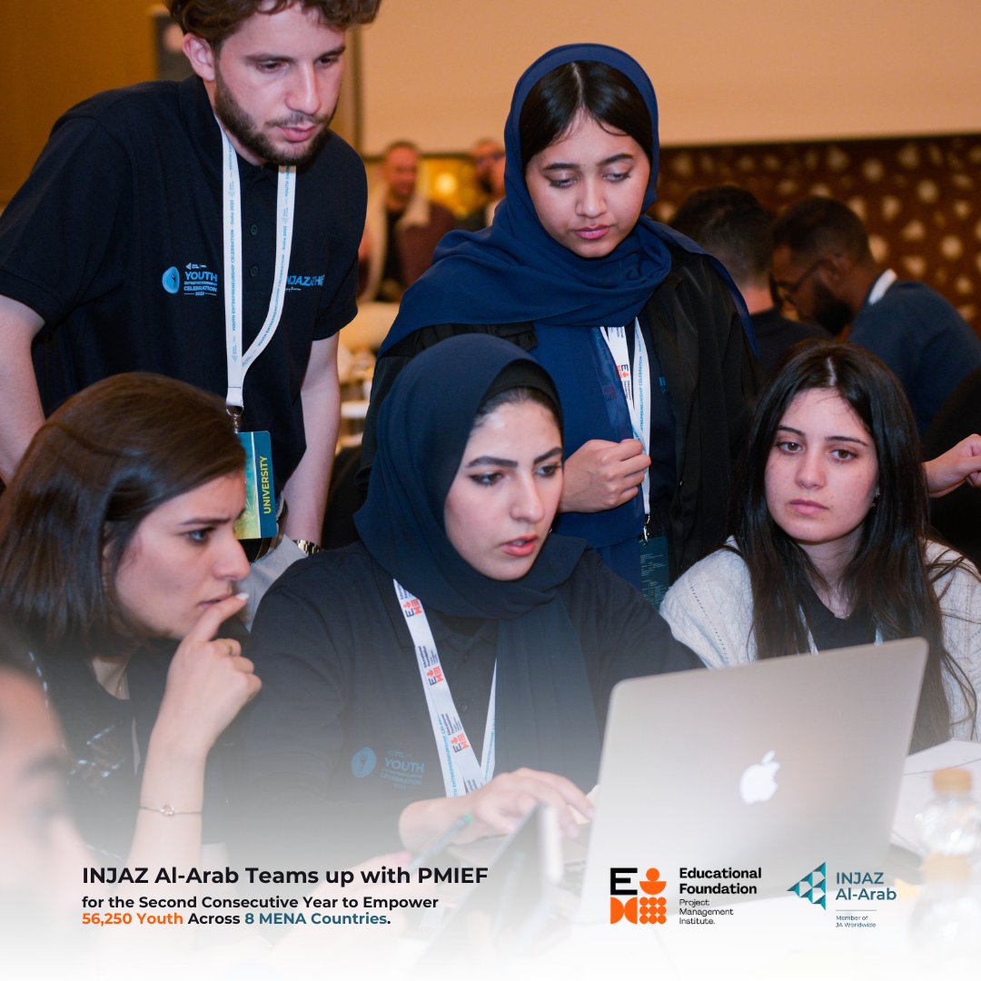 INJAZ Al-Arab teams up with @pmief for the second consecutive year. 56,250 youth across 8 MENA countries will be equipped with essential project management skills, from academia to preparing them for the workforce. Let's equip our future leaders with tools they need to succeed