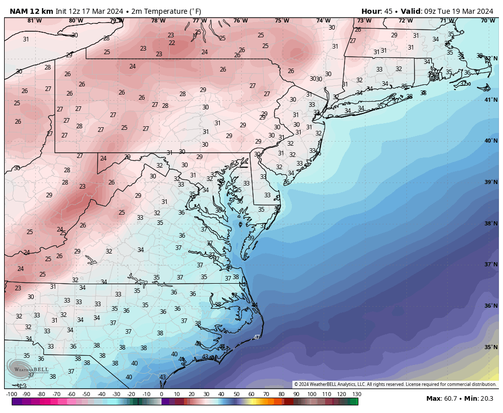 TonyPannWBAL's tweet photo. Looks like the mild stretch of weather will come to an end today here in MD. The last day in the 60s for a while! By Tuesday Morning, temps will likely drop into the Upper 20s and Low 30s. 👇 High temps Monday and Tuesday will struggle to get out of the 40s. #SpringSwing https://t.co/OCUbzQM8ao