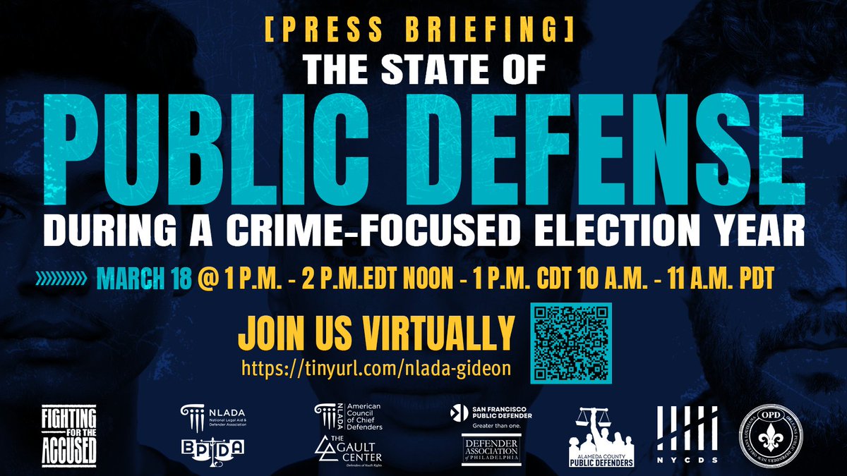 NLADA's tweet photo. Tomorrow: Join leading public defenders for a discussion on the state of public defense during a crime-focused election year. Moderator: @EqualityAlec; Panelists include @ManoRajuPD, @BrendonWoodsPD, @RobertJonesnola, @K_Nicole_Hudson &amp; @german_stan; Reg: https://t.co/DKOsRi1bCq https://t.co/y0KThlO0h0