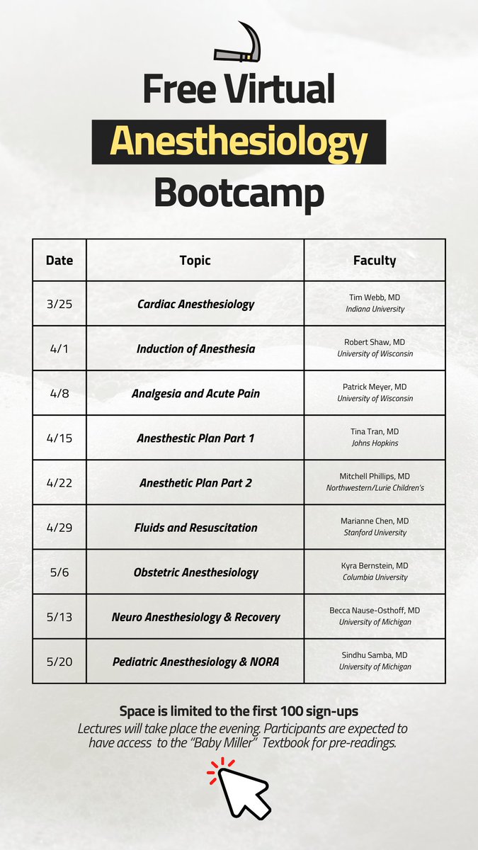 Doing an #anesthesiology clerkship this year? Join our free, virtual Anesthesiology bootcamp ft. some wonderful faculty! Please tell your mentees.

Space is limited. Sign up here: forms.gle/i8pWNyMBRhDeAG…