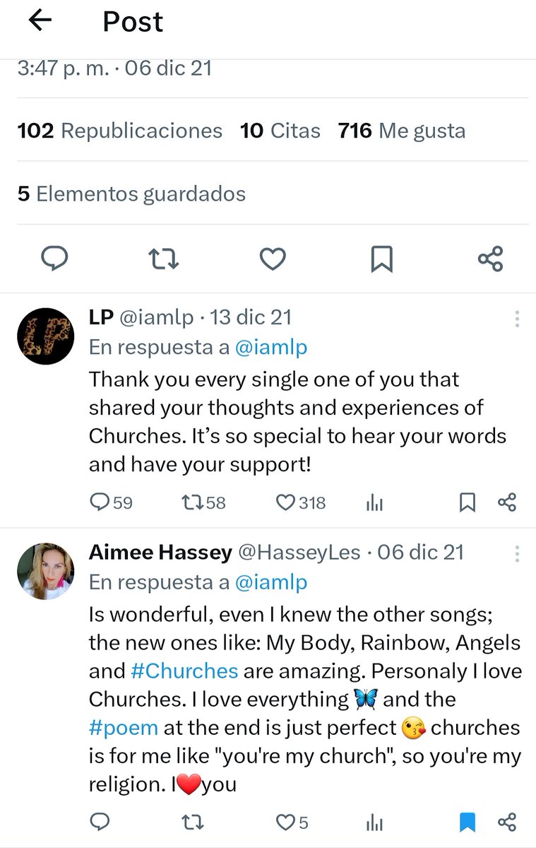 HasseyLes's tweet image. ¿Porqué le escribo tanto a ❤️ @iamlp? porque tiene una gran capacidad de conexión con sus fans. Aquí le dio Me gusta a un comentario que hice sobre #Churches. /Why do I write so much to ❤️ @iamlp? because #LP has a great ability to connect with his fans. #iamlp #lp #music ⚘️🦋