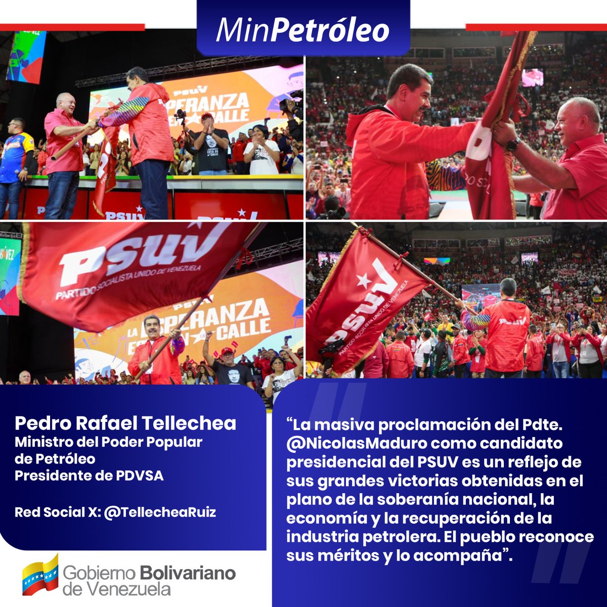 🇻🇪 El ministro <a href="/TellecheaRuiz/">Rafael Tellechea</a> destacó que la masiva proclamación del Pdte. <a href="/NicolasMaduro/">Nicolás Maduro</a> como candidato presidencial del PSUV es un reflejo de sus grandes victorias obtenidas en el plano de la soberanía nacional, la economía y la recuperación de la industria petrolera.