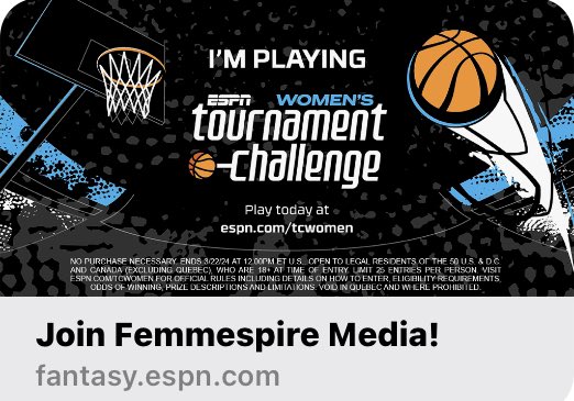 FemmespireMedia's tweet photo. It’s almost that time for #MarchMadness. Join our group for both the women’s and men’s tournament. Winner of the women’s group gets a free Femmespire Media shirt!
Women’s link: https://t.co/C9d8btJyVT
Men’s link: https://t.co/KXptSXG1aQ
#NCAABasketball #femmespired https://t.co/uQHIqkXbqf