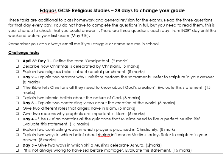 super_soph's tweet photo. I've been looking at ways to support year 11 pupils with revision for the final few school weeks before their first RE exam. I have adapted this from someone on Save RE. What other activities do you do to support with revision this close to exams? #RERevision #GCSERE https://t.co/A6GN5MNpdW