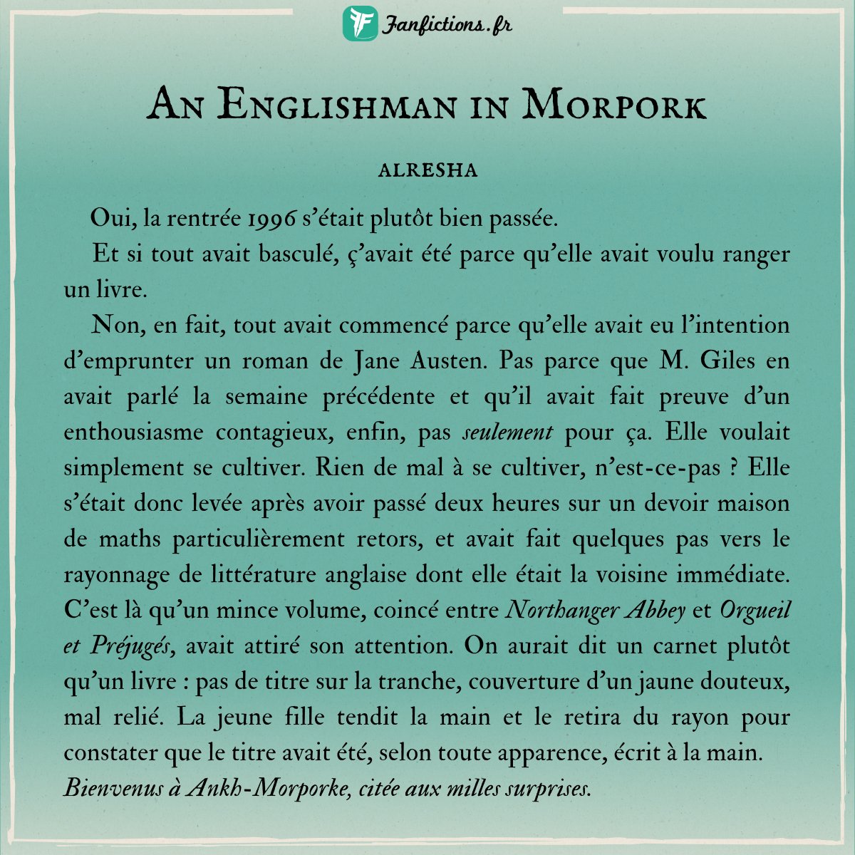 Fanfictions_fr's tweet photo. ✒️EXTRAIT✒️
« An Englishman in Morpork », par Alresha
#BuffyTheVampireSlayer #DisqueMonde #fanfiction
Pour découvrir la fanfiction 🔽
https://t.co/B9oiF0Drsd https://t.co/2D720oa5mx