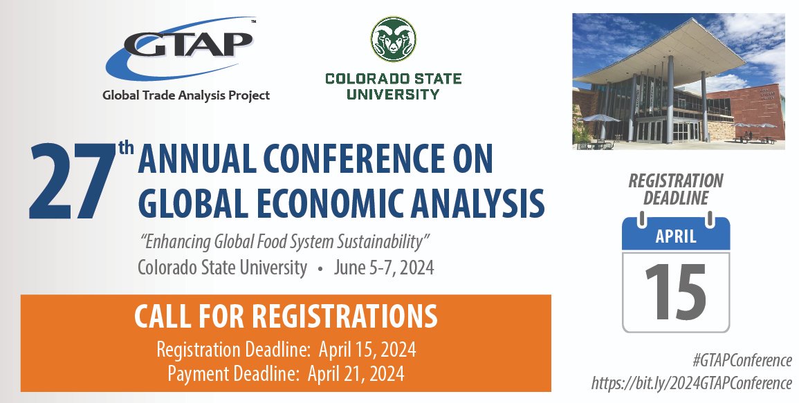 GTAP_Purdue's tweet image. #GTAPConference - Call for Registrations

🗓️Registration Deadline: April 15
💲  Payment Deadline: April 21 

Those requiring a visa should act soon as appointment wait times can be lengthy.

gtap.org/events/Confere…

#GTAP @ColoradoStateU