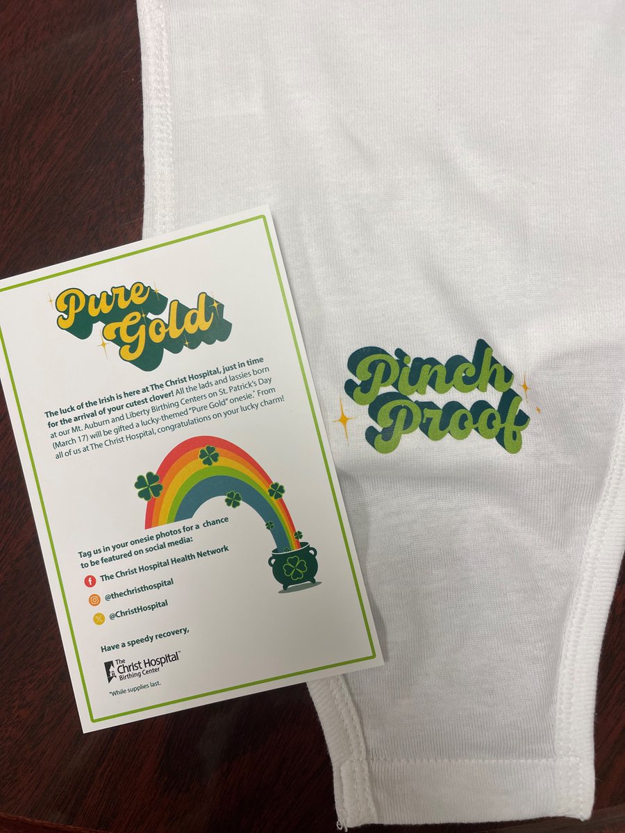 SOOOO cute! ❤🍀 Any lucky bundles of joy born on St. Patrick's Day at one of The Christ Hospital's Birthing Centers will be given a free, limited-edition holiday onesie: tinyurl.com/69dfrzc6