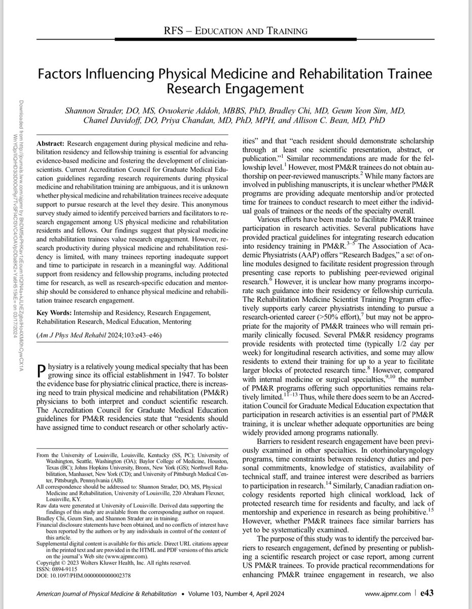 New Publication 🔬 a passion project of mine during residency has been to improve support for budding PM&R physician-scientists in training. @DrPChandan @cdavidoffDO @AlliBeanMDPhD journals.lww.com/ajpmr/fulltext…