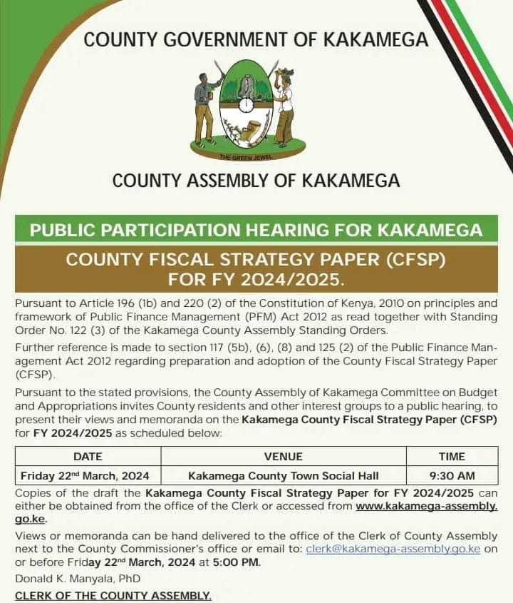 The County Assembly of Kakamega has issued a notice for public participation hearing for the CFSP for the financial year 2024/2025. We shall represent the voice of the young people. @KakamegaJamii @MzalendoWatch @siasaplace @Kakamega_037