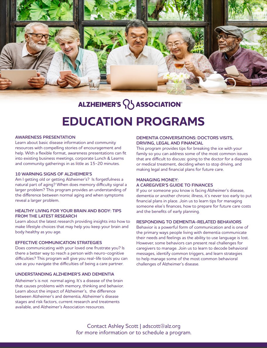 DYK the <a href="/alzassociation/">Alzheimer's Association</a> offers FREE virtual or in-person trainings to learn more about Alzheimer's and other dementias? 
Check out all the programs available and reach out to Ashley Scott (adscott@alz.org) for more information.

alz.org/nca/helping_yo…