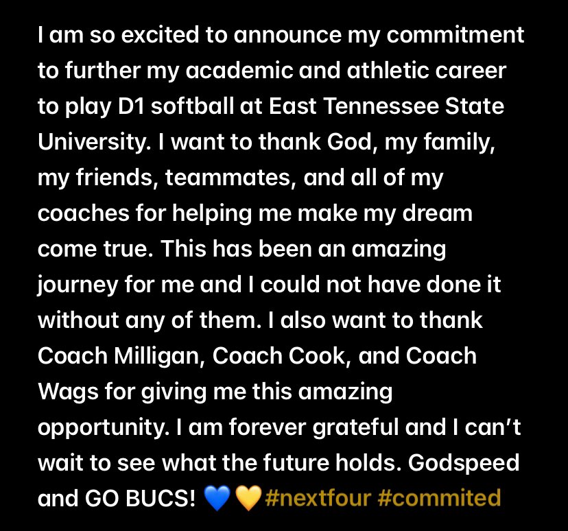 GO BUCS!! 💙💛 #nextfour #committed @ETSUSoftball @CoachmilliSB @RickWagnerr @LadyHornets2025 @NewKentSoftball