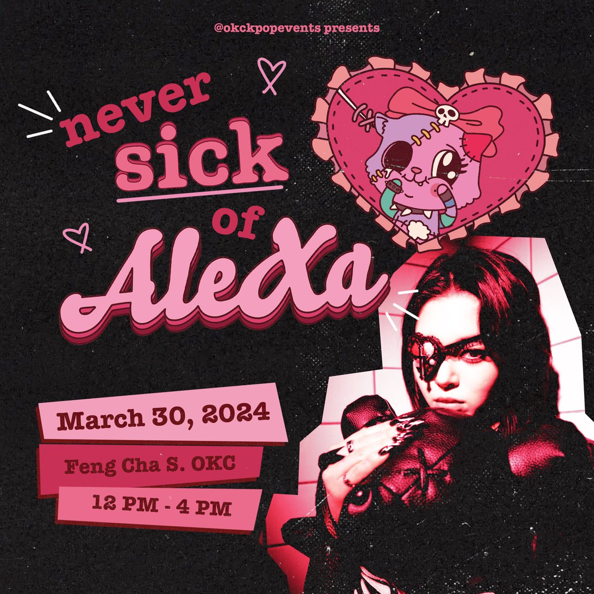 okc_kpop's tweet photo. CALLING ALL A.I TROOPERS ‼️🗣️
Are you ready to welcome @AleXa_ZB to her home state? 🎊 Join us at our cupsleeve March 30th at Feng Cha S. OKC to celebrate her upcoming "sick" tour! You won't want to miss this!! 🎀🖤
#KPOP #cupsleeve #kpopcupsleeve #aleXa #alexatour #okc https://t.co/S0MaCiQDXg