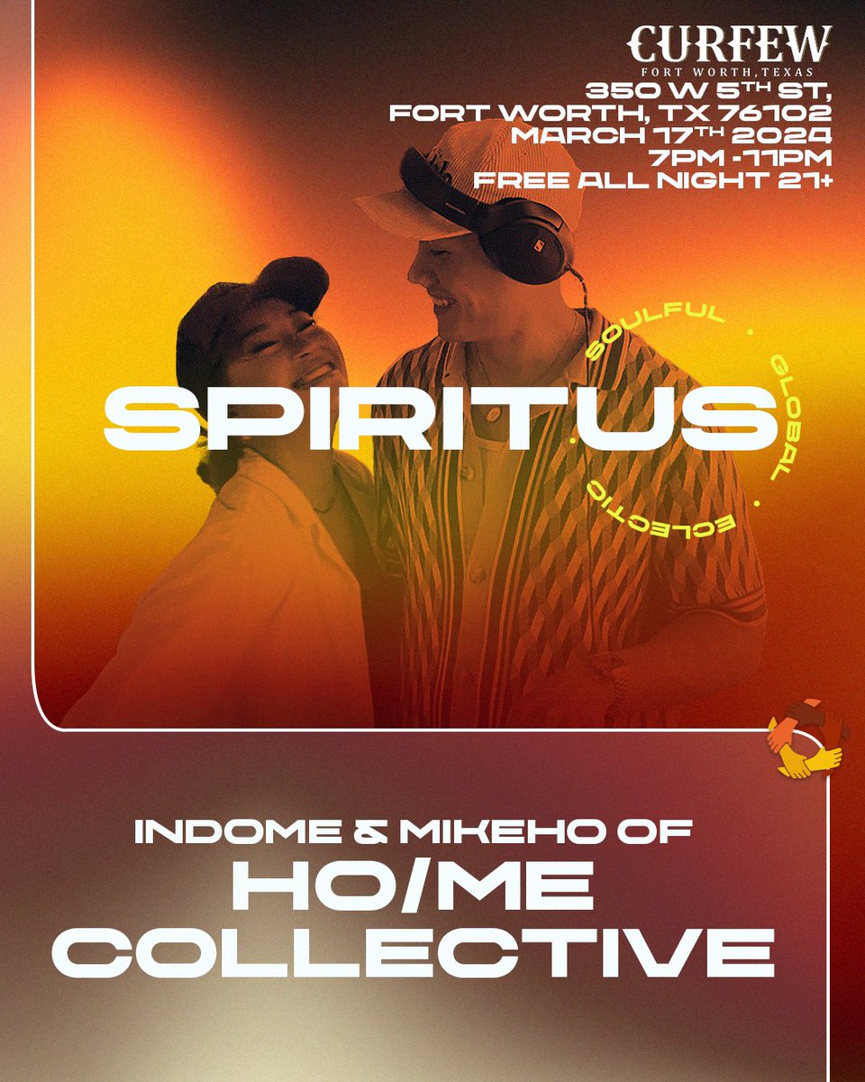 Tonight is the night for the first #Spiritus event! Myself, Sean Dream, Love Ave & Ho/me Collective (Indome & MIKEHO) are gonna be playing from 7pm-11pm & come ready to hear music you love & music you didn’t know you’d love! 🌎🪬🐉

FREE RSVP: eventbrite.com/e/853637742467…