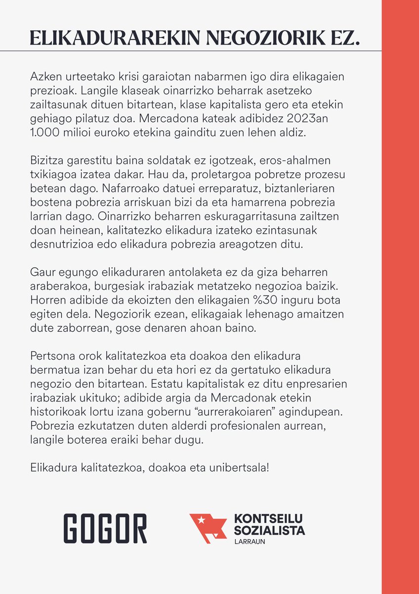 ELIKADURAREKIN NEGOZIORIK EZ.

📄 Irakurketa 👇👇👇

"... Pertsona orok kalitatezkoa eta doakoa den elikadura bermatua izan behar du eta hori ez da gertatuko elikadura negozio den bitartean. ..."