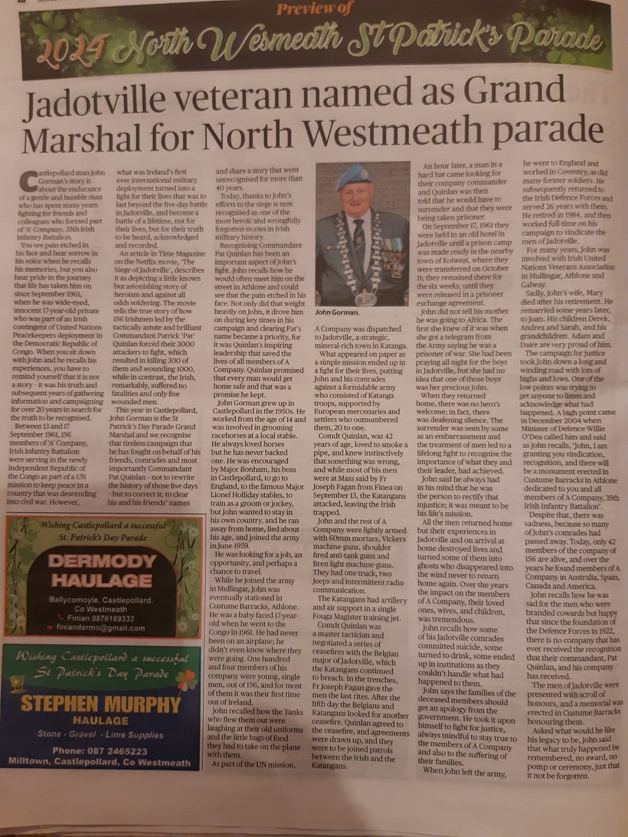 Nice piece from the Westmeath Examiner about Jadotville veteran John Gorman and his campaign over many years for recognition and vindication for all involved.