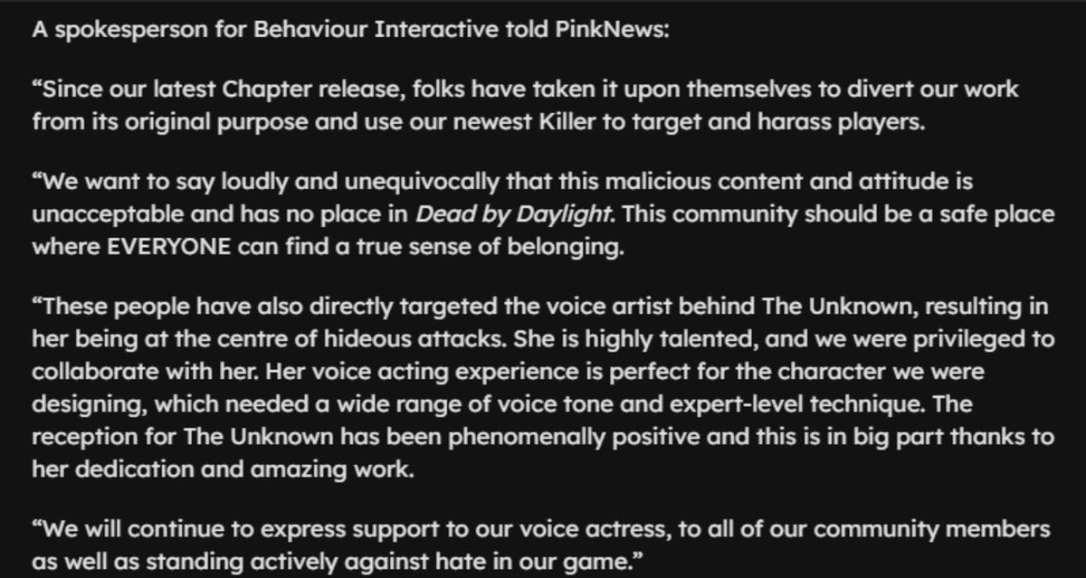 An employee at BHVR has released an official statement to a news site that made an article about the entire 'transphobic Unknown' fiasco. This proves that BHVR would never be transphobic and that bigots have no place in our community. Stay out of our game.