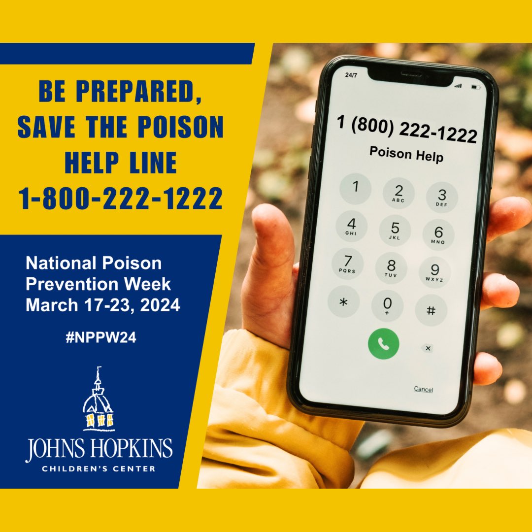 Today is the first day of National Poison Prevention Week! When the unexpected happens, <a href="/MDPoisonCtr/">Maryland Poison Center</a> experts are there to provide 24/7 fast, free, and confidential advice. Save the Poison Help hotline number to your phone for easy access: 1-800-222-1222 📱 #NPPW24