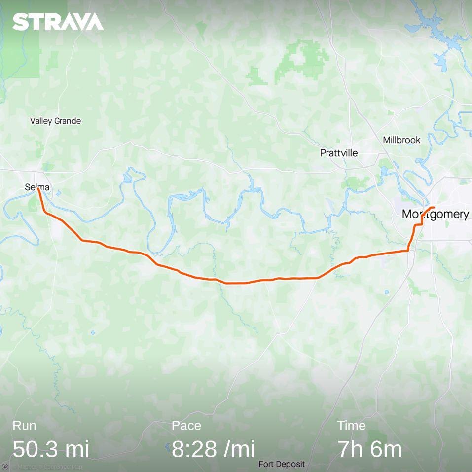 I just ran 51 miles along the Civil Rights March route from Selma to Montgomery and it was EPIC! Hard to articulate the emotions and gratitude for what MLK and others endured for African American rights in the US. [also managed to set the fastest known time: 7 hrs 6 mins]