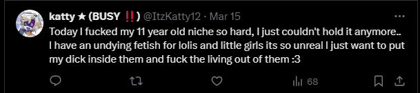 uttpsm64sucks's tweet photo. @ItzKatty12 TELL ME WHY YOU LIKE CHILDREN PEDOPHILE https://t.co/GkHHN0rQsm