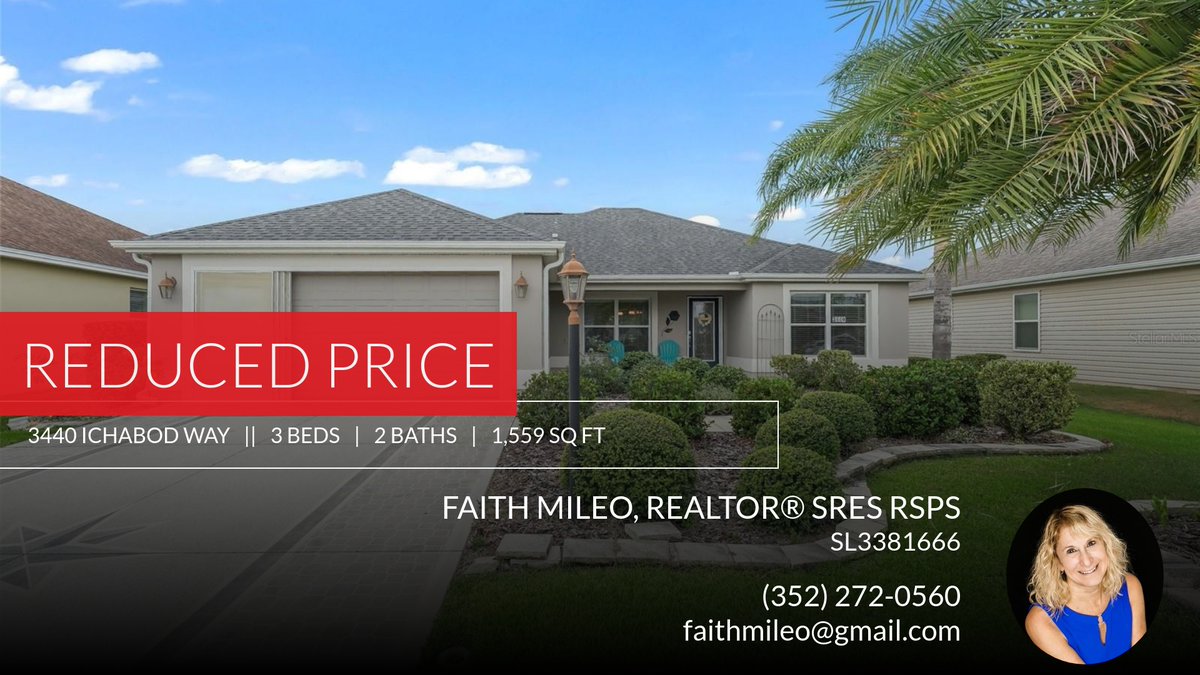 mrsmilezero's tweet photo. 📍 Reduced Price 📍 This recently reduced home at 3440 Ichabod Way in The Villages won't last long, so, don't wait to set up a showing! Reach out here or at (352) 272-0560 for more information!

Faith Mileo
Realtor®
SRES, RSPS
3... https://t.co/1HmdW7cO6K https://t.co/AkSRQ0SNVg
