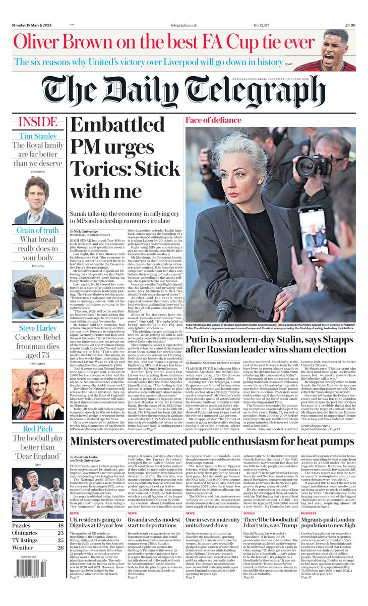 Monday's DAILY TELEGRAPH: Embatted PM urges Tories: Stick with me #TomorrowsPapersToday