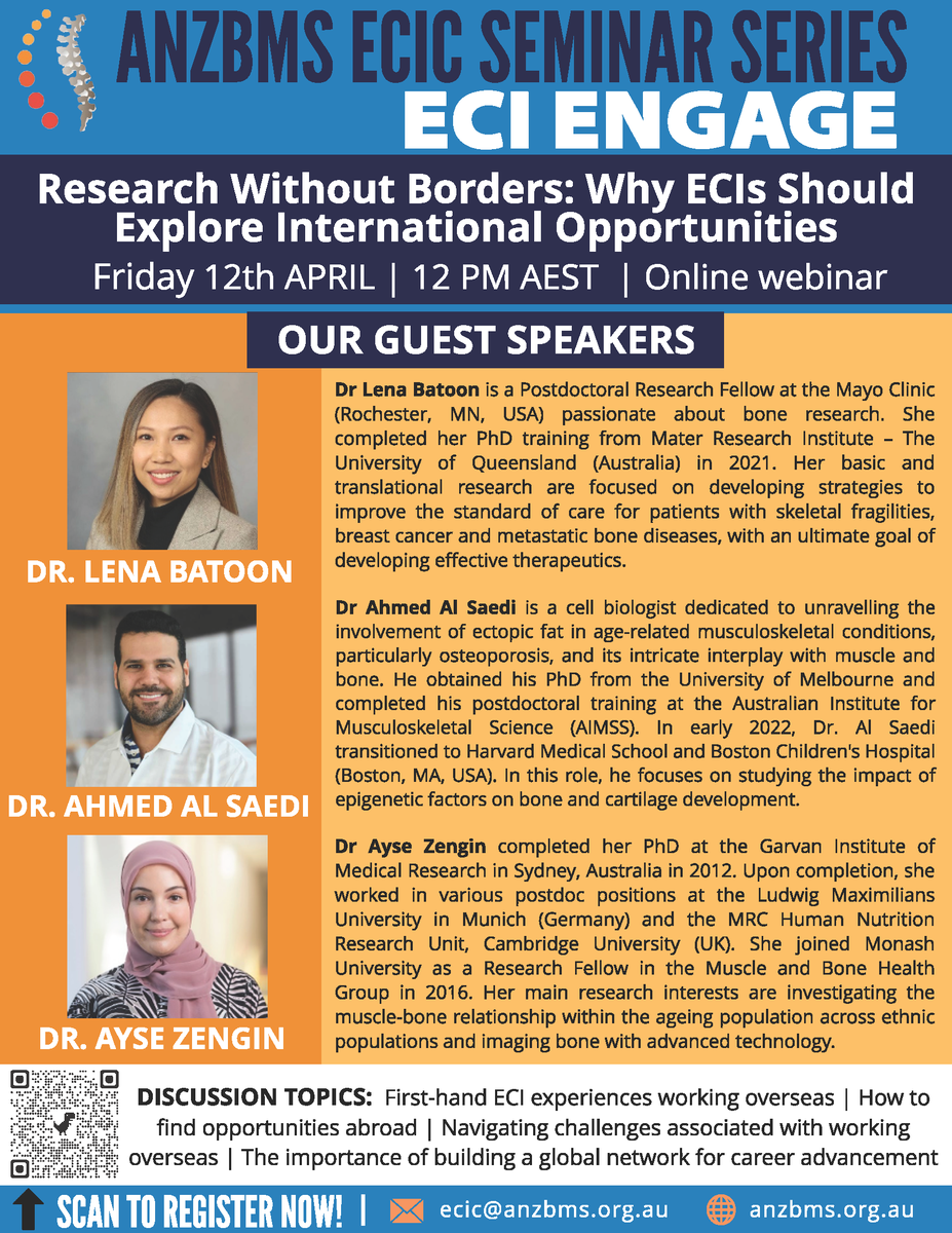 Our ECI Engage seminar series brings together early career voices to speak on issues relevant to early career investigators! The next session is coming up on Friday 12th April, so register here to join us (or use the QR code below): forms.gle/5B73kZ1SLr6y4B…