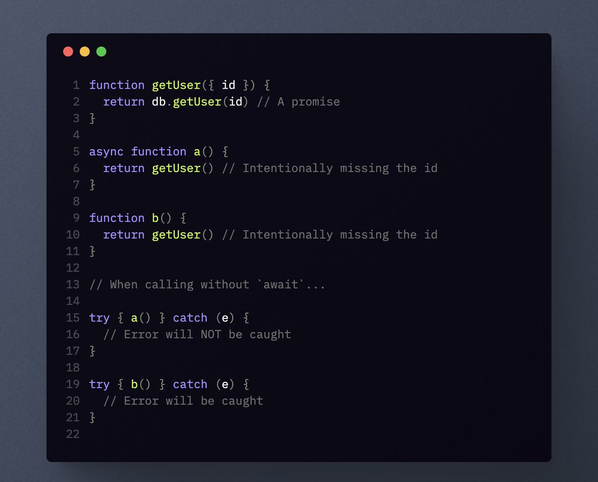 The reason was, I saw this pattern of preloading resources: let userPromise = loadUser() // other tasks.. try { let user = await userPromise // .. } catch { // handle user load failure } And this might be a footgun if the sync function throws before returning a promise: