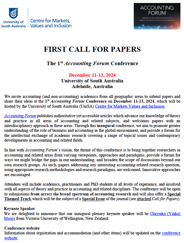 TandF_AccForum's tweet photo. 🗣Inaugural Accounting Forum Conference 2024!!!
University of South Australia (@UniversitySA) 
11-13 December, 2024
Papers addressing any interesting #accounting-related #research question, using appropriate methodologies &amp; paradigms, are welcomed.
https://t.co/wxXCcGyFrS https://t.co/J3TtMDrAoD