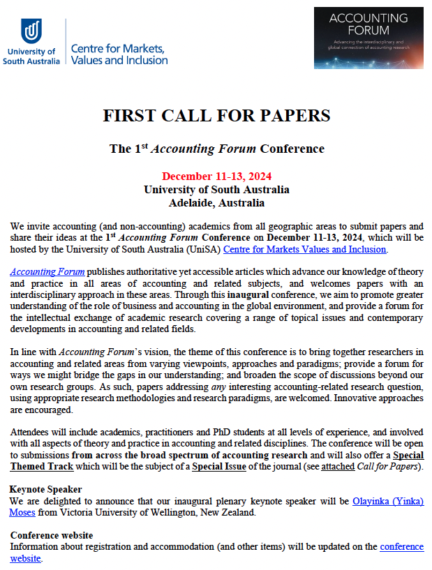 🗣Inaugural Accounting Forum Conference 2024!!! University of South Australia (@UniversitySA) 11-13 December, 2024 Papers addressing any interesting #accounting-related #research question, using appropriate methodologies & paradigms, are welcomed. sites.google.com/view/accforumc…