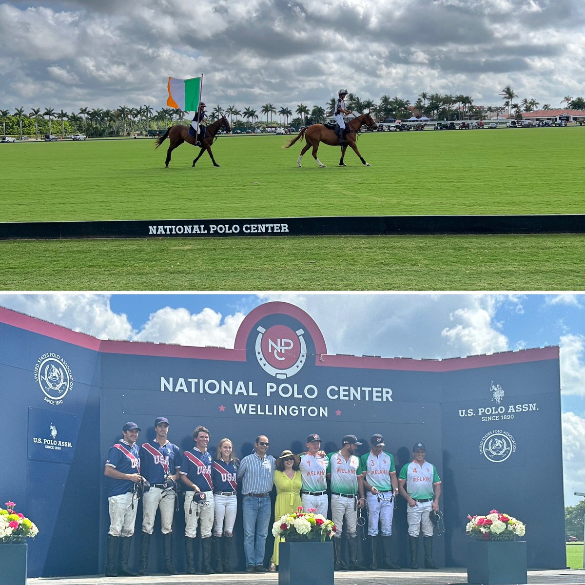 IrelandCGMiami's tweet photo. The Irish Polo Team played valiantly on a hot and humid morning in #Wellington FL. CG Sarah Kavanagh presented prizes. Thank you @PoloAssociation for celebrating #StPatricksDay with such enthusiasm and hospitality! #SPD24 ☘️💚 https://t.co/3YCEgYwIH7