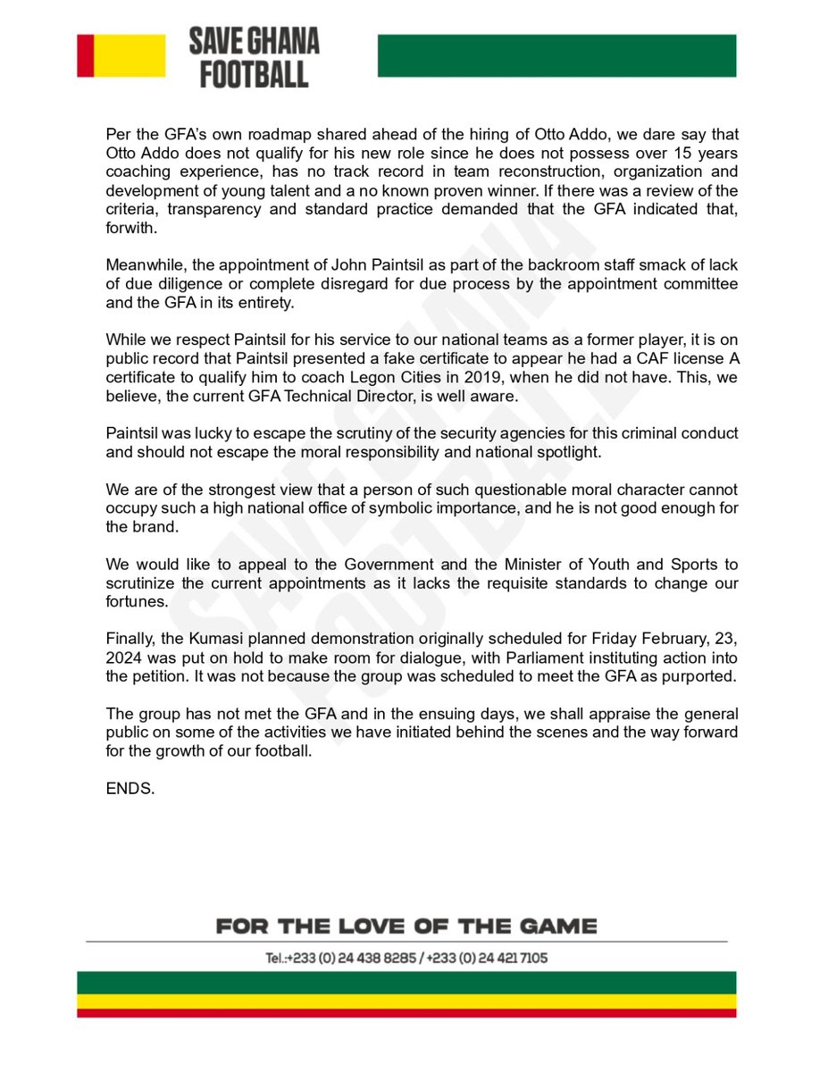 This is in response to the very unfortunate appointments of this mediocre technical team of our Black Stars. The heat begins tomorrow. God will save our football. We shall work until we achieve victory.#saveGhanaFootball.