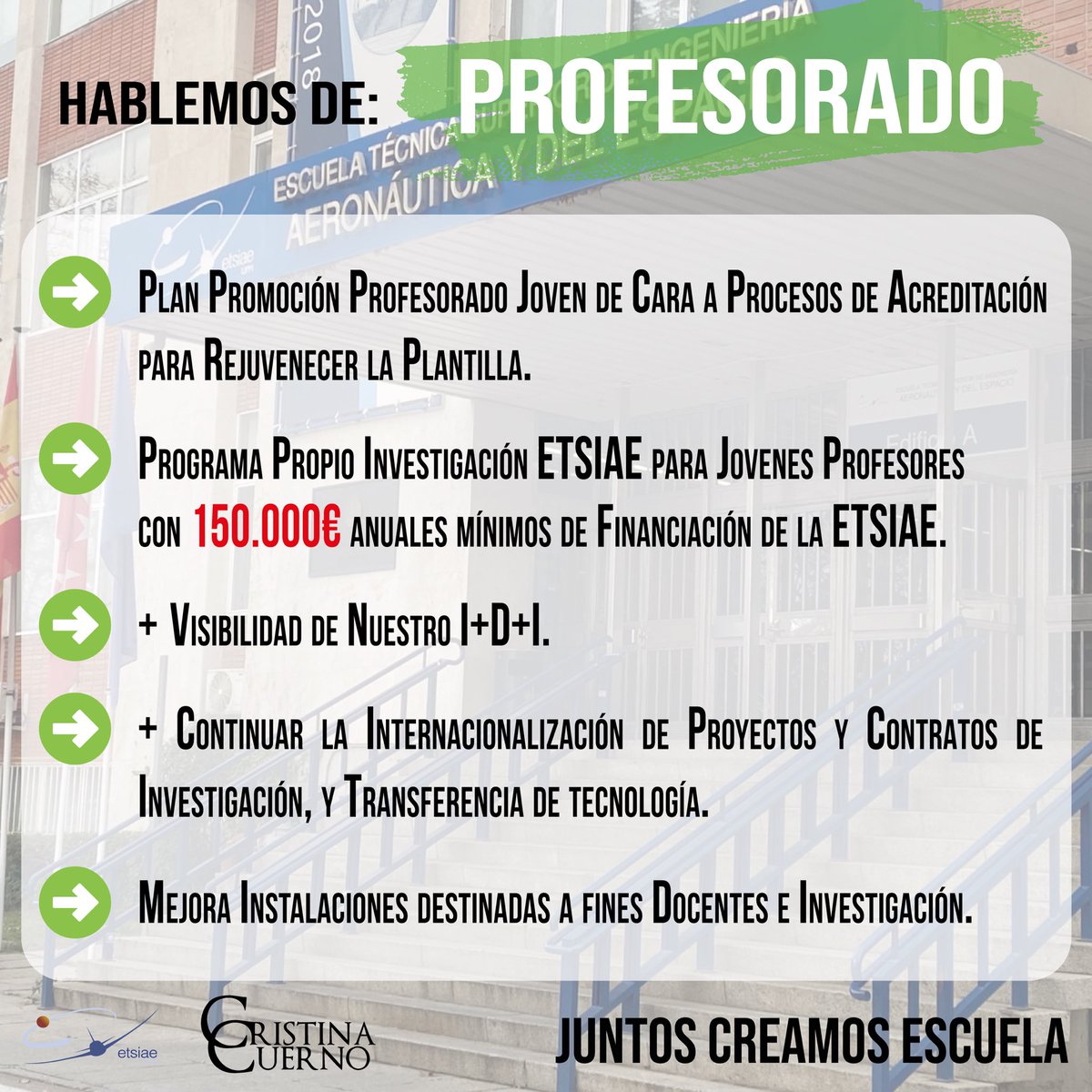 📌Hablemos de… Profesorado

Tenemos que prestar atención a los jóvenes profesores para que puedan avanzar en su carrera.

📝 Promoción Profesorado 
💰 150 K€ Financiación PPI
👀 Visibilizar I+D+I
🌍 Internacionalizar proyectos
🛠 Mejora Instalaciones

#juntoscreamosescuela